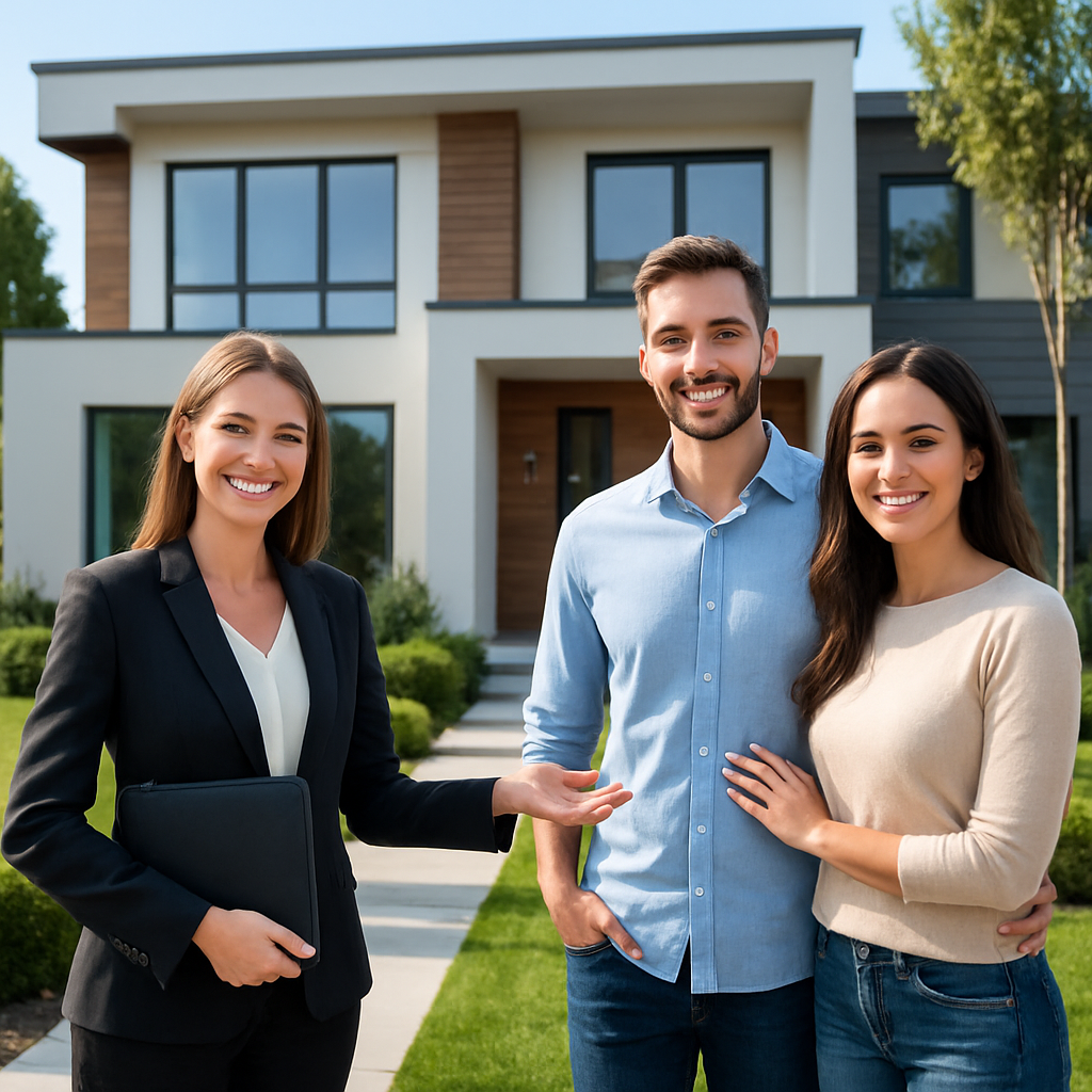 Real estate agent showing clients around a house